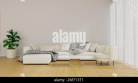Weißes Stoffsofa in L-Form (3D Rendering) im minimalen Wohnzimmer, Holzboden, minimales Wohnzimmer Stockfoto