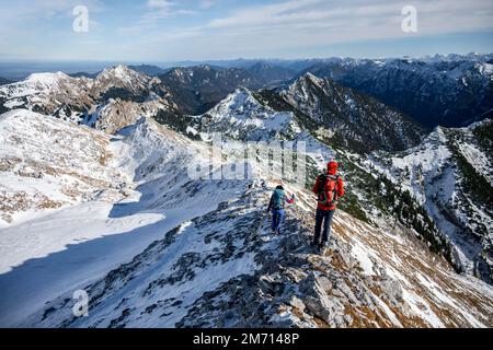 Bergsteiger im Winter, Wanderung zur Ammergauer Hochplatte in den Ammergaualpen, Bayern, Deutschland Stockfoto