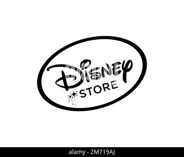 Disney Store, Gedrehtes Logo, Weißer Hintergrund Stockfoto