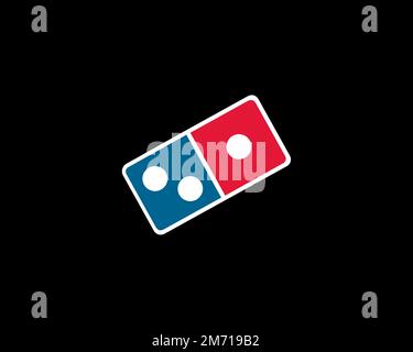 Domino's Pizza Group, gedrehtes Logo, schwarzer Hintergrund B Stockfoto