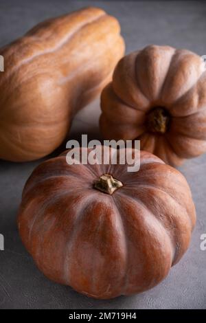 Drei reife Kürbisse auf grauem Hintergrund. Stockfoto