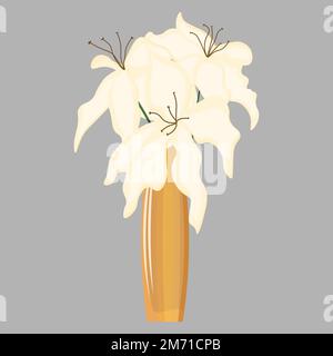 Vase mit einem Strauß Lilien. Weiße Lilien. Blumenarrangements in einer Vase. Weiße duftende Blumen. Stock Vektor