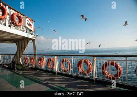 Eine Landschaft von der Fähre bei Tageslicht mit dem Himmelsmeer und Möwen im Hintergrund , Platz für Text , . Hochwertiges Foto Stockfoto