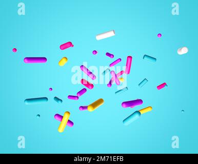 eine 3D-Darstellung fliegender farbenfroher Streusel auf zyanfarbenem Hintergrund Stockfoto
