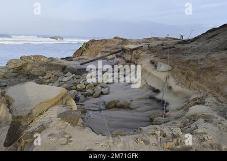 Pacific Grove, Kalifornien, USA. 6. Januar 2023. Schäden an der Pazifikküste des Asilomar State Park. Der Bombenzyklon verursachte erhebliche Schäden am Asilomar Küstenpfad. (Kreditbild: © Rory Merry/ZUMA Press Wire) Stockfoto