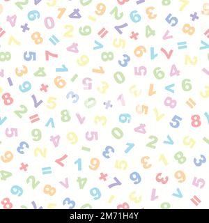 Mathematisches nahtloses Vektormuster, Zahlen und arithmetische Symbole auf weißem Hintergrund. Vektordarstellung. Hervorragend geeignet für Textilien, Schulprodukte, Verpackungen, Verpackungen Stock Vektor