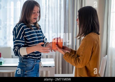 Zwei Mädchen feiern Feiertage und schenken einander Geschenke. Stockfoto