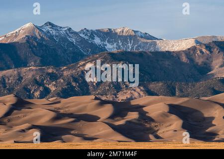 Der entfernte 13.369 m hohe Cleveland Peak ist Teil des Great Sand Dunes National Preserve. Stockfoto