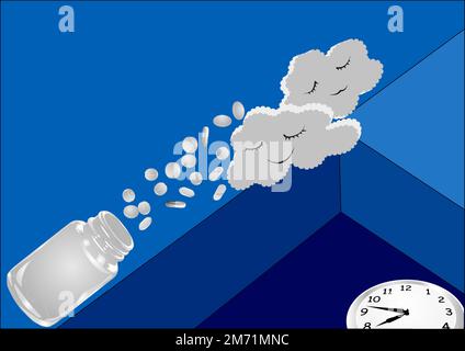 Insomniekonzeptvektordarstellung mit Uhr und Tabletten Stock Vektor