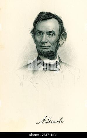 Diese Abbildung ist von Matthew Brady unterzeichnet. Abraham Lincoln war der 16. Präsident der Vereinigten Staaten. Er diente vom 1861. März bis zu seiner Ermordung am 15. April 1865. Mathew B. Brady (starb 1896) war einer der ersten Fotografen in der amerikanischen Geschichte. Am besten bekannt für seine Szenen des Bürgerkriegs studierte er unter Erfinder Samuel Morse, der die Daguerreotyp-Technik in Amerika Pionierarbeit leistete. Stockfoto