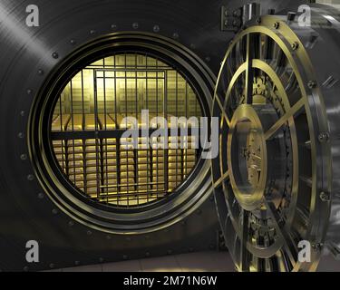Eine 3D-Darstellung einer Tresortür am Goldbarren-Lagerraum mit eingeschaltetem Licht Stockfoto