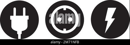 Stecker, Steckdose und elektrische Schilder auf weißem Hintergrund Stock Vektor