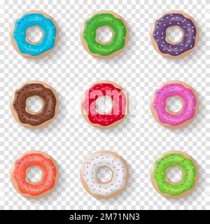 Donuts sorgen für einen isolierten Hintergrund in realistischem Stil. Farbglasierte Donuts. Vektordarstellung Stock Vektor