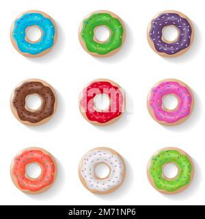 Donuts sorgen für einen isolierten Hintergrund in realistischem Stil. Farbglasierte Donuts. Vektordarstellung Stock Vektor