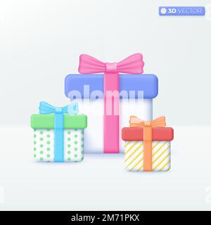 Geschenkbox mit Symbol-Symbolen für Bänder. Konzept für Weihnachten, Neujahr, Geburtstag oder Hochzeit. 3D Vektor isoliertes Illustrationsdesign. Cartoon Pastell Mini Stock Vektor