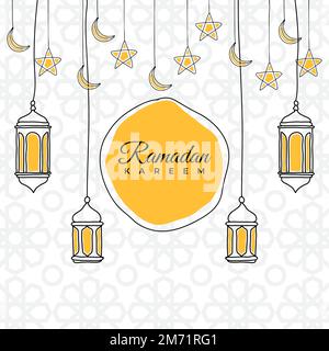 Ramadan-Grußkarte oder Bannerhintergrund. Handgezeichnete Laternen, Mond und Sterne. Ramadan Kareem – handgezeichneter Dekorationshintergrund. Vektordesign für mu Stock Vektor