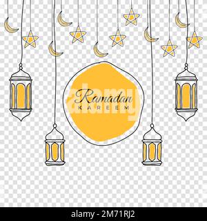 Ramadan-Grußkarte oder Bannerhintergrund. Handgezeichnete Laternen, Mond und Sterne. Ramadan Kareem – handgezeichneter Dekorationshintergrund. Vektordesign für mu Stock Vektor