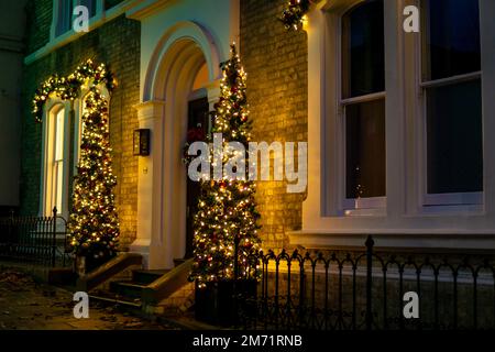 Weihnachtsbäume auf beiden Seiten eines Gebäudeeingangs in Saffron Walden Stockfoto