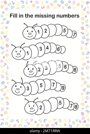 Kindergarten-Arbeitsblatt, füllen Sie die verpasste Zahlenübung aus, Vektorformat. Mathematikaufgaben im Vorschul- und Kindergarten Stock Vektor