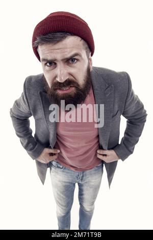 Was hast du gesagt? Bärtiger Hipster, brutaler Mensch. Ein Hipster. Schule der guten Manieren. Tipps und Tricks, schöner Mann. Arroganter, unhöflicher Hipstermann Stockfoto