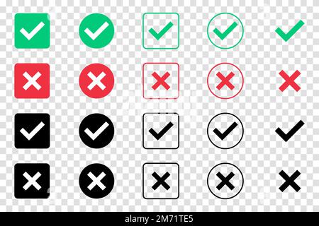 Grüne Häkchen und rote Kreuz-Symbolgruppe. Isolierte Häkchensymbole. Checklistenschilder. Zulassungszeichen. Flaches und modernes Design mit Häkchen. Vektor illustr Stock Vektor