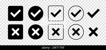 Häkchen- und Kreuzmarkensatz mit schwarzen Symbolen. Isolierte Häkchensymbole. Checklistenschilder. Das Konzept der richtigen und falschen Vorzeichen. Flaches und modernes Design mit Häkchen. Vect Stock Vektor