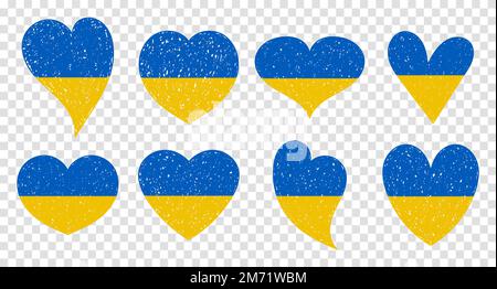 Set aus ukrainischem Flaggensymbol in Form von Herzen. Konzept „Ukraine speichern“. Vektor ukrainisches Symbol, Symbol, Knopf Stock Vektor