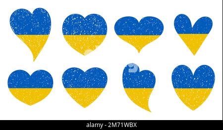 Set aus ukrainischem Flaggensymbol in Form von Herzen. Konzept „Ukraine speichern“. Vektor ukrainisches Symbol, Symbol, Knopf Stock Vektor