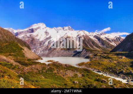 Malerische Berglandschaft im Hooker-Tal und Mueller-See zum Mt. Cook - Neuseeland. Stockfoto