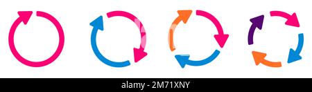 Satz von Vektorsymbolen für Kreispfeile. Rundes Nachladezeichen. Pfeilsymbol drehen. Pfeilsymbol "Aktualisieren". Recycling-Symbol. Kreisförmige Vektorpfeile. Pfeile flaches Zeichen Stock Vektor