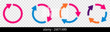 Satz von Vektorsymbolen für Kreispfeile. Rundes Nachladezeichen. Pfeilsymbol drehen. Pfeilsymbol "Aktualisieren". Recycling-Symbol. Kreisförmige Vektorpfeile. Pfeile flaches Zeichen Stock Vektor