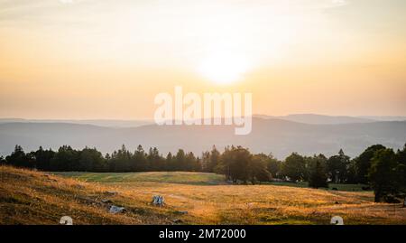 Wunderschöner Sonnenuntergang über dem Ackerland in den Schweizer Alpen Stockfoto