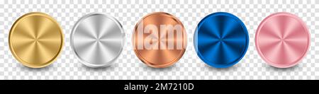 Kollektion aus Gold, Silber, Bronze, blauem Metall und rosafarbenem Metall mit radialem metallischen Farbverlauf. Platten mit Gold-, Silber-, Bronze-Metallic-Effekt. Vector illu Stock Vektor