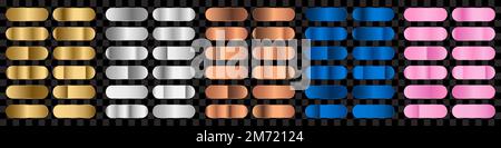 Metallverlaufssatz. Farbenfrohe Kollektion aus Gold, Silber und Bronze. Vorlage für verlaufenden Hintergrund. Eleganter metallischer Farbverlauf. Glänzendes Rosengold, Silber und Bruder Stock Vektor
