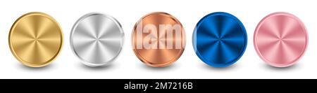 Kollektion aus Gold, Silber, Bronze, blauem Metall und rosafarbenem Metall mit radialem metallischen Farbverlauf. Platten mit Gold-, Silber-, Bronze-Metallic-Effekt. Vector illu Stock Vektor