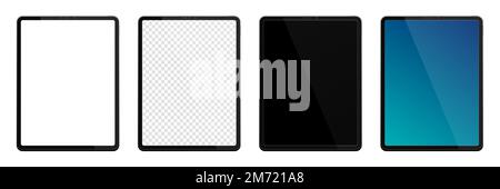 Tablet mit realistischen Modellen. Tablet-Modell-Sammlung. Moderner schwarzer Tablet-pc. Vorderansicht des Geräts. 3D Tablette. Vektordarstellung Stock Vektor
