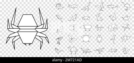 Origami-Tiere in einer Linie. Abstrakte Polygontiere. Gefaltete Papierformen. Symbole für Vektortiere eingestellt. Origami. Ein Origami-Set. Vektordarstellung Stock Vektor