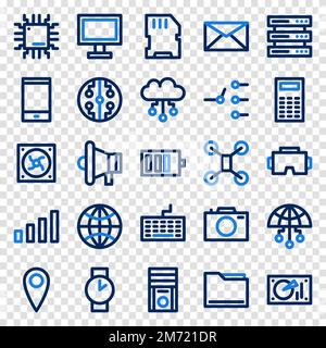 Satz von 25-Geräten und Technologie-Web-Symbolen in Linienform. Industrie 4,0 Konzeptfabrik der Zukunft. Sammlung linearer Technologiesymbole. Vektor krank Stock Vektor