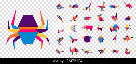 Bunte Origami-Tiere. Abstrakte Polygontiere. Gefaltete Papierformen. Symbole für Vektortiere eingestellt. Origami. Ein Origami-Set. Vektordarstellung Stock Vektor