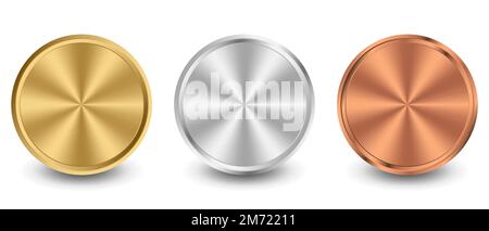 Kollektion aus Gold, Silber, Bronze, radial metallischem Gradient. Platten mit Gold-, Silber-, Bronze-Metallic-Effekt. Vektordarstellung Stock Vektor