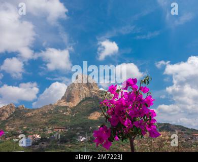 Panoramablick auf den Bernalfelsen mit Blume an einem Tag mit blauem Himmel und Wolken Stockfoto