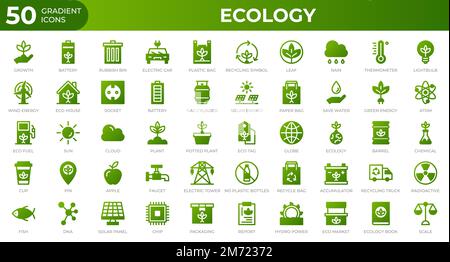 Satz von 50-Ecology-Web-Symbolen im Verlaufsstil. Recycling, Biologie, erneuerbare Energien. Sammlung von Verlaufssymbolen. Vektordarstellung Stock Vektor