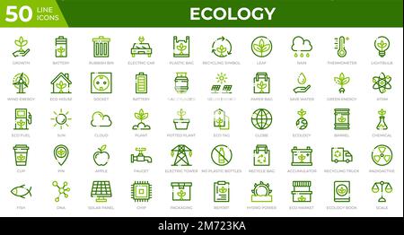 Satz von 50 Ecology Web-Symbolen in farbigem Linienstil. Recycling, Biologie, erneuerbare Energien. Sammlung mit farbigen Umrisssymbolen. Vektordarstellung Stock Vektor