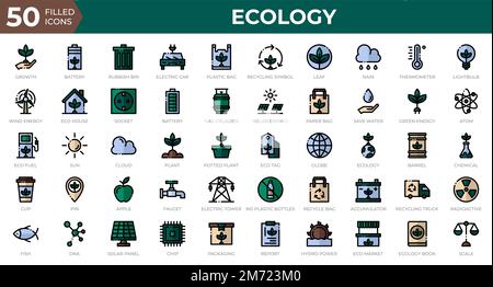 Satz von 50 Ecology Web-Symbolen in gefüllter Gliederung. Recycling, Biologie, erneuerbare Energien. Symbolsammlung für gefüllte Gliederung. Vektordarstellung Stock Vektor