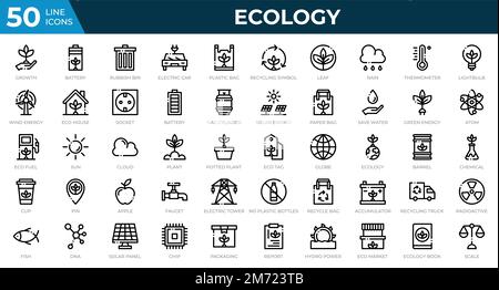 Satz von 50 Ecology Web-Symbolen im Linienstil. Recycling, Biologie, erneuerbare Energien. Symbolsammlung der Modellstruktur. Vektordarstellung Stock Vektor