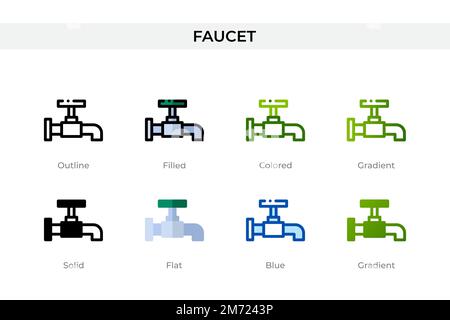 Wasserhahnsymbol in einem anderen Stil. Wasserhahnvektorsymbole mit Kontur, durchgehend, farbig, gefüllt, Verlauf, Und flacher Stil. Symbol, Logo-Abbildung. Stock Vektor