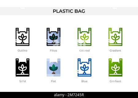 Plastiktüte in einem anderen Stil. Vektorsymbole aus Plastikbeuteln mit Kontur, durchgehend, farbig, gefüllt, Verlauf, Und flacher Stil. Symbol, Logo illu Stock Vektor