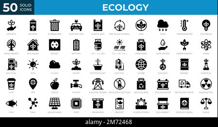 Satz von 50-Ecology-Websymbolen in durchgehendem Stil. Recycling, Biologie, erneuerbare Energien. Solid Icons-Sammlung. Vektordarstellung Stock Vektor