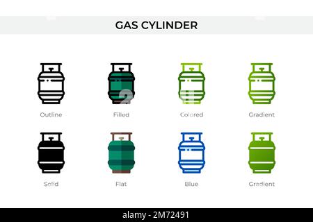 Symbol für Gasflaschen in einem anderen Stil. Vektorsymbole für Gaszylinder in Umriss, durchgehend, farbig, gefüllt, Verlauf, Und flacher Stil. Symbol, Logo Il Stock Vektor