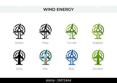 Wind-Energie-Ikone in einem anderen Stil. Vektorsymbole für Windenergie, die als Kontur, durchgehend, farbig, gefüllt, Gradient, Und flacher Stil. Symbol, Logo illu Stock Vektor